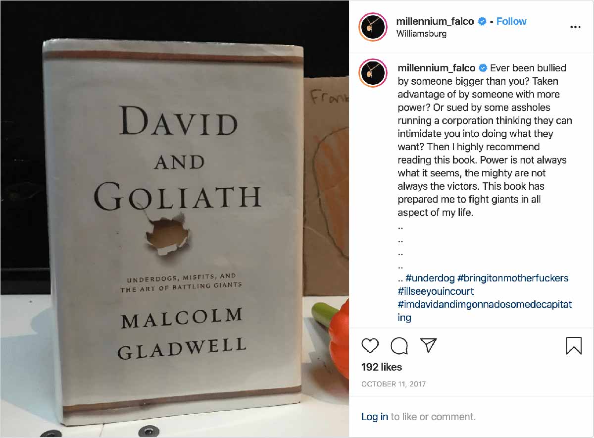An <a href='https://www.instagram.com/p/BaH6aNRnyyO/?igshid=1txu9eh5rnw2l'>Instagram post</a> by Anthony Falco, featuring <i>David and Goliath</i> by Malcom Gladwell, in response to the Roberta’s lawsuit.
