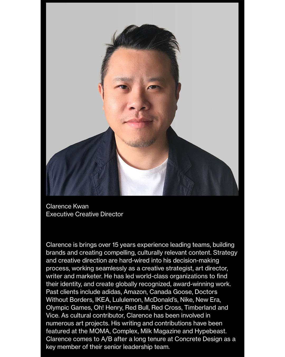 Screenshot of Clarence Kwan's bio describing his professional background.