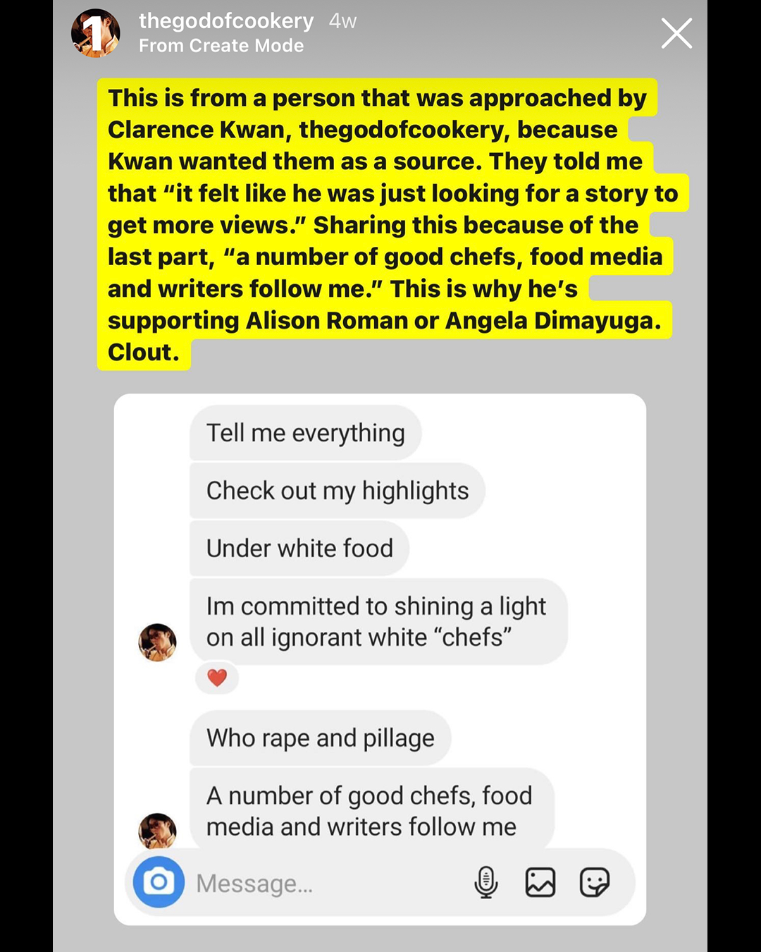 Screenshot of an Instagram Story with a DM of Clarence Kwan bragging about the high-profile food figures that follow him. He used the language <q>rape and pillage</q> to describe food appropriation.