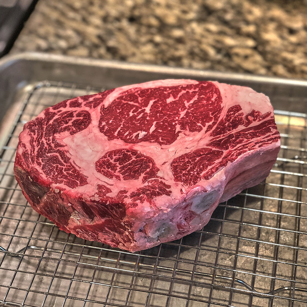 A raw Jorge rib steak from Flannery Beef.