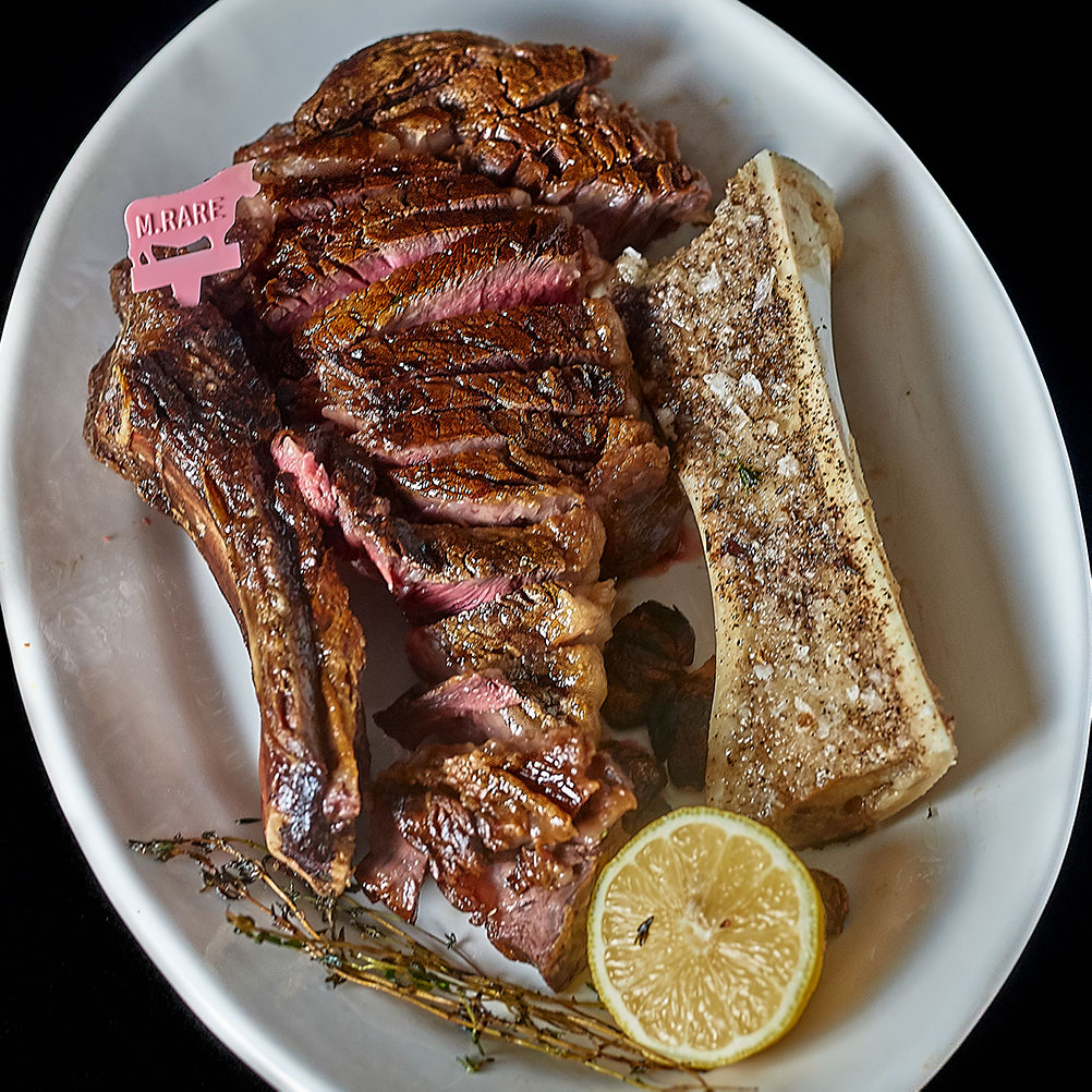 Jorge-cut rib steak from Flannery Beef, featuring the only great part of a Peter Luger’s steak dish: the doneness tag. Bring your own brusk service.