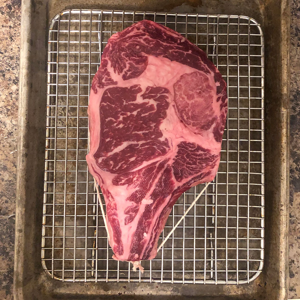 Flannery Beef ribsteak trussed with butcher’s twine.