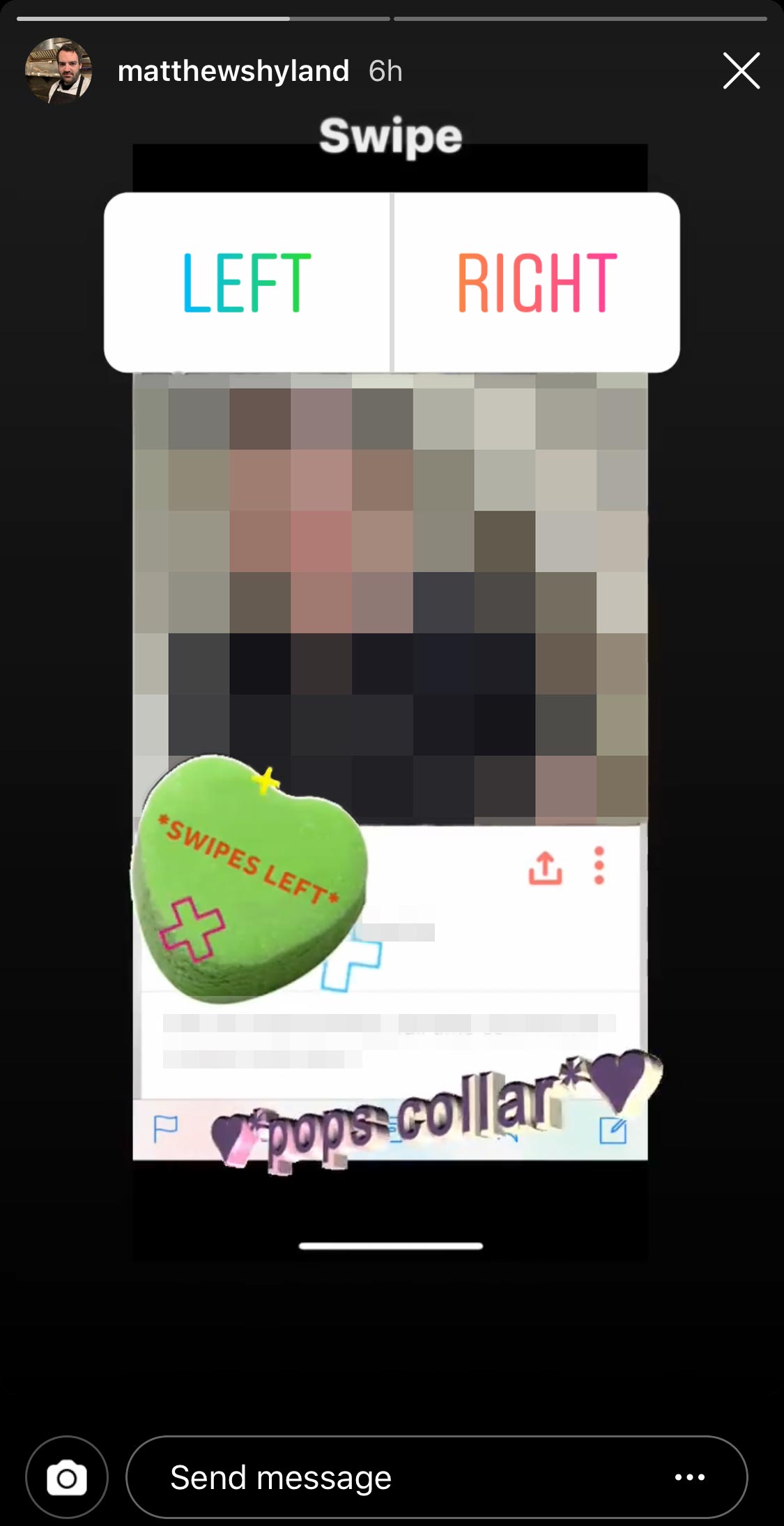 Hyland's Instagram Story presenting the critic's Tinder profile, with a poll for followers to vote how they would swipe in response to the profile. Hyland covered the journalist's name with a &ldquo;swipes left&rdquo; icon. This image was modified for publication in order to redact personally identifying information.