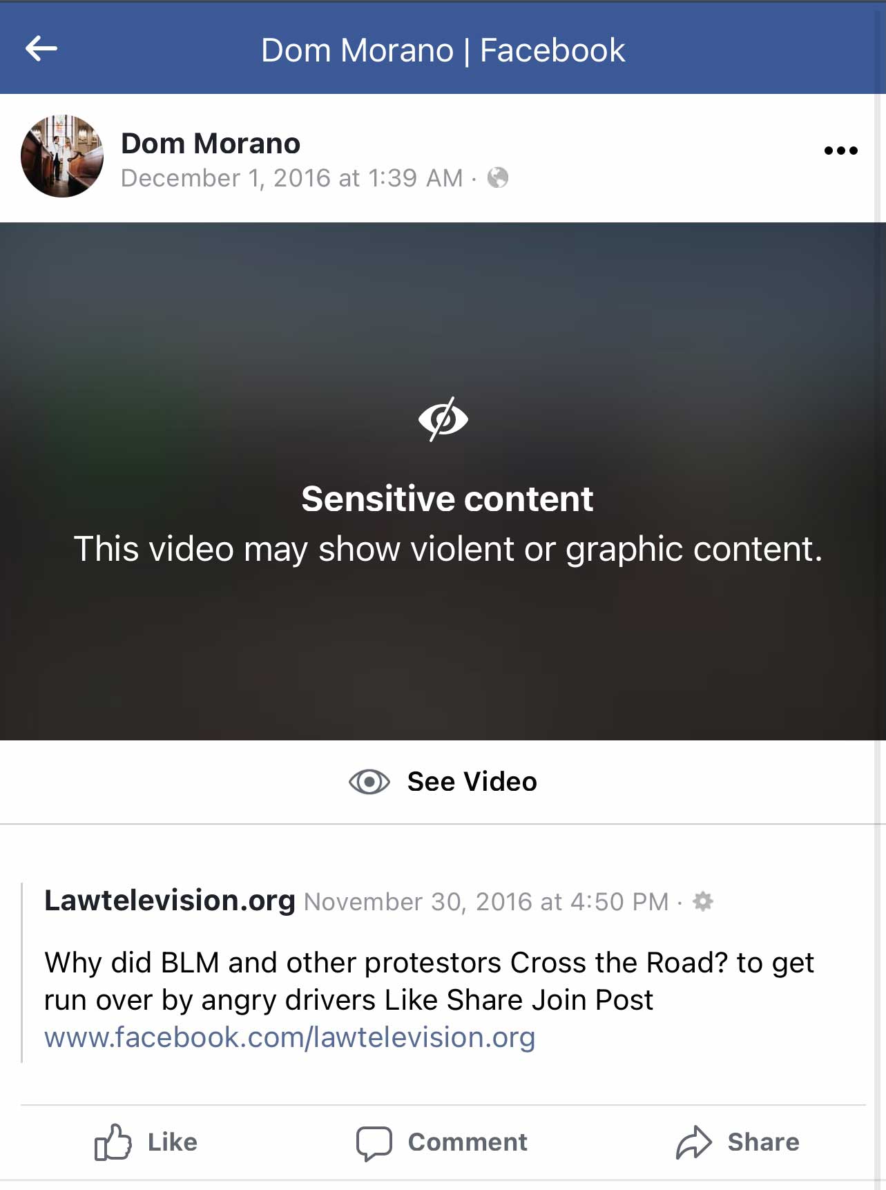 Screenshot of Prince Street Pizza Owner, Dominic Morano’s Facebook repost, featuring a video of Black Lives Matter Protestors getting hit by cars.