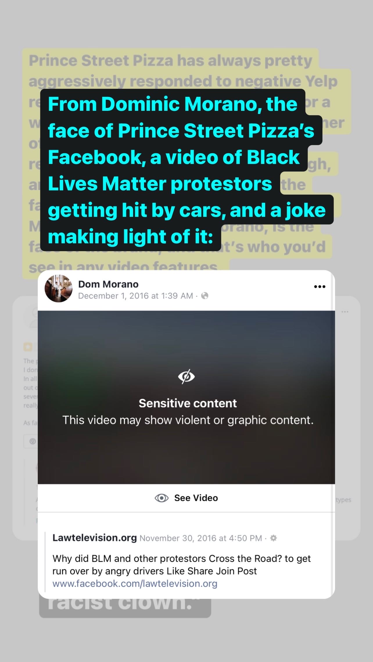 Joe Rosenthal (@joe_rosenthal) Instagram Story describing the Black Lives Matter protestor video reposted by Dominic Monaro. December 24, 2020.