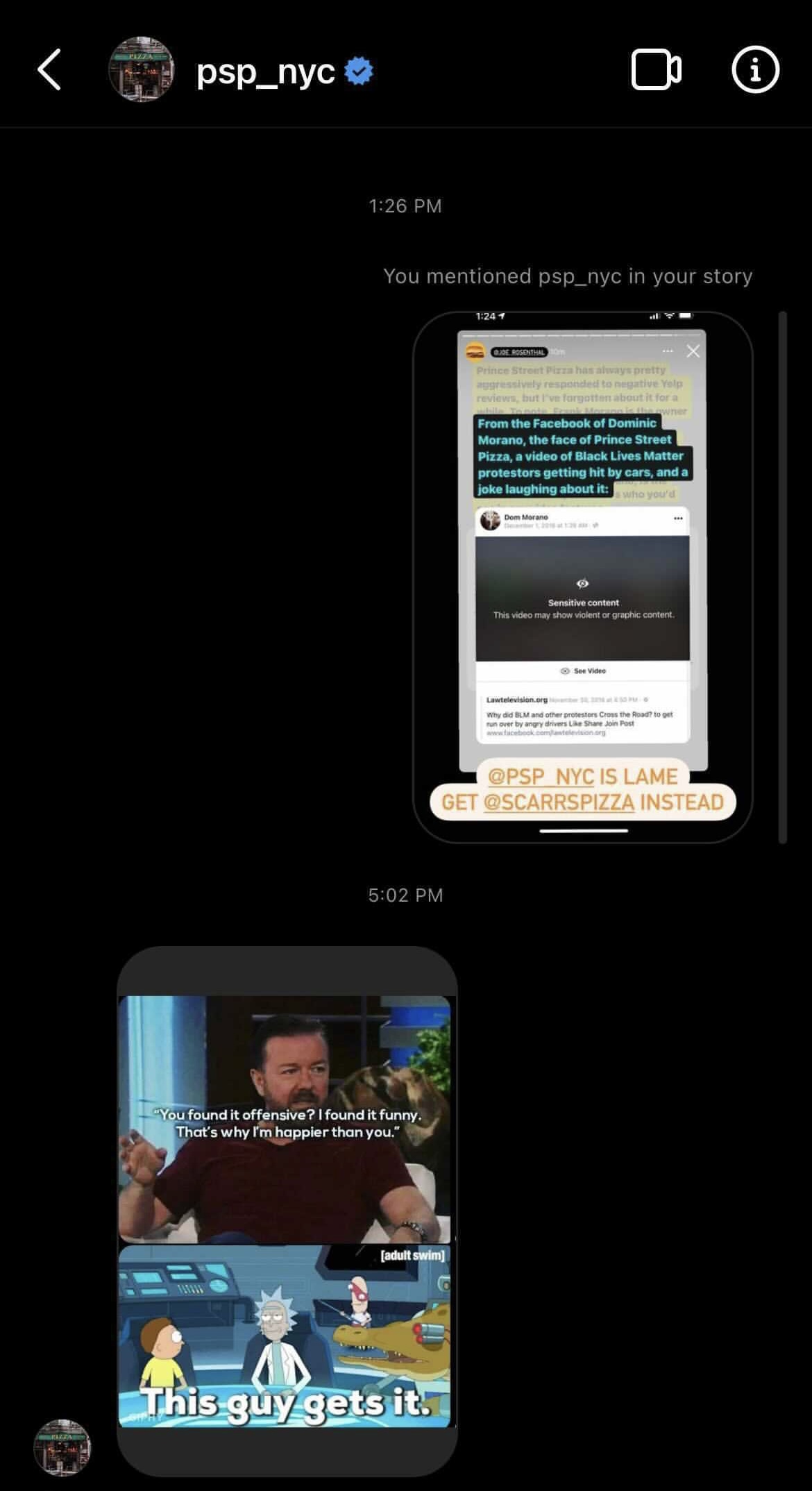 Direct message between Matthew Famularo (@matthewfamularo.svg) and Prince Street Pizza (@psp_ny). Prince Street Pizza’s official Instagram defending the 2016 repost of the video featuring Black Lives Matter protestors being hit by cars. December 24, 2020